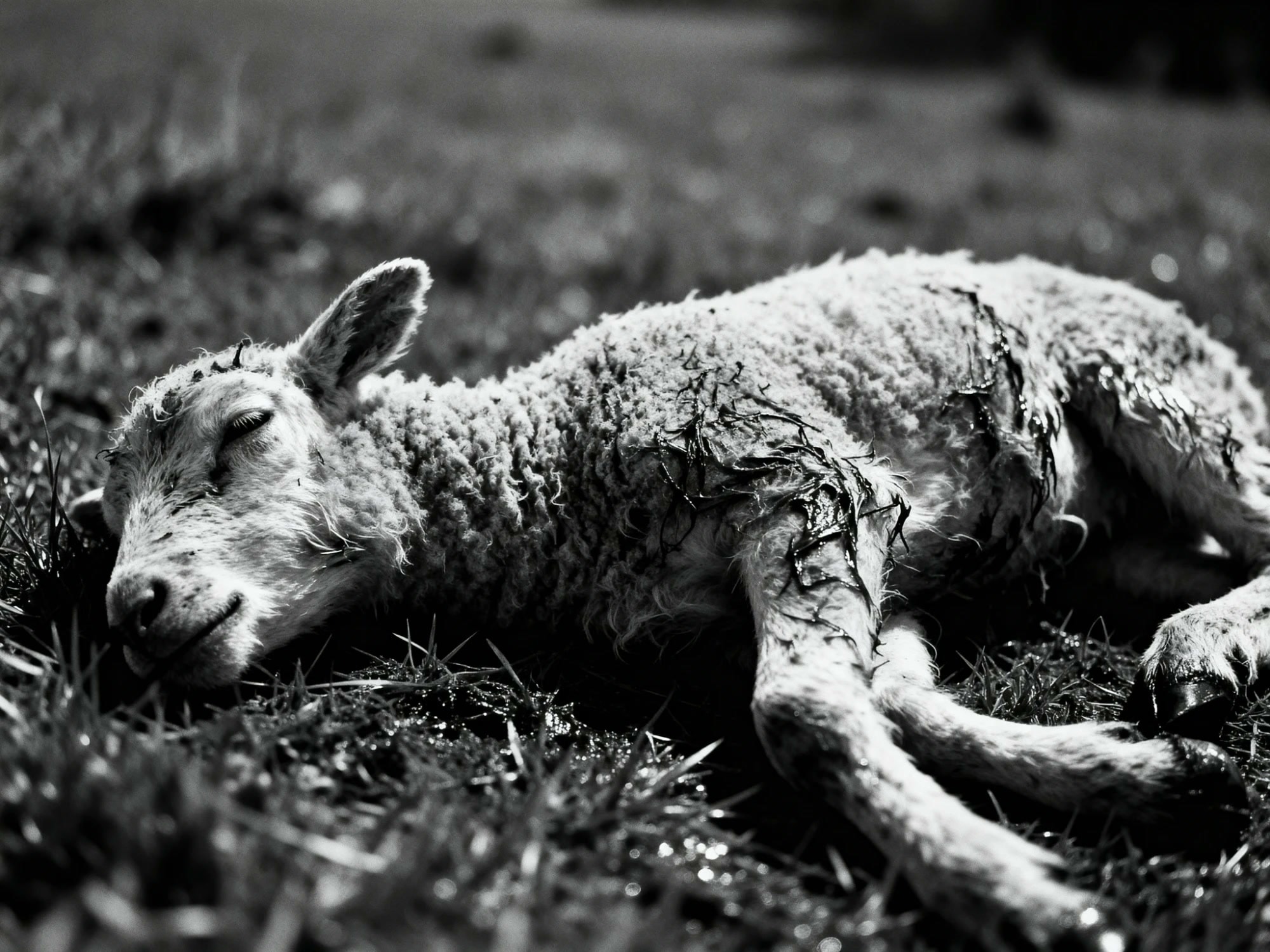 A lamb lying still in the wet grass