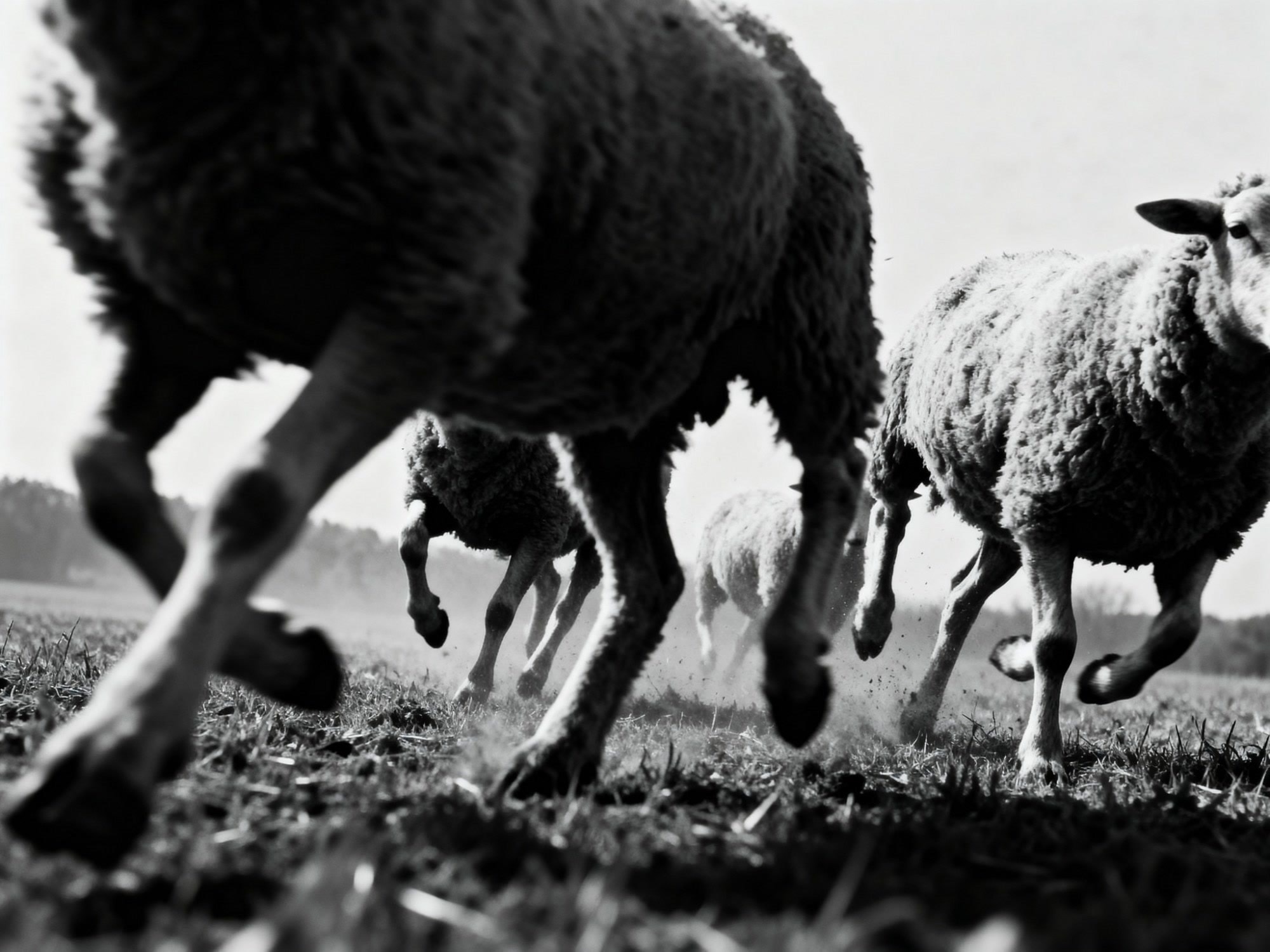 Sheep running across a field, legs and dust in motion