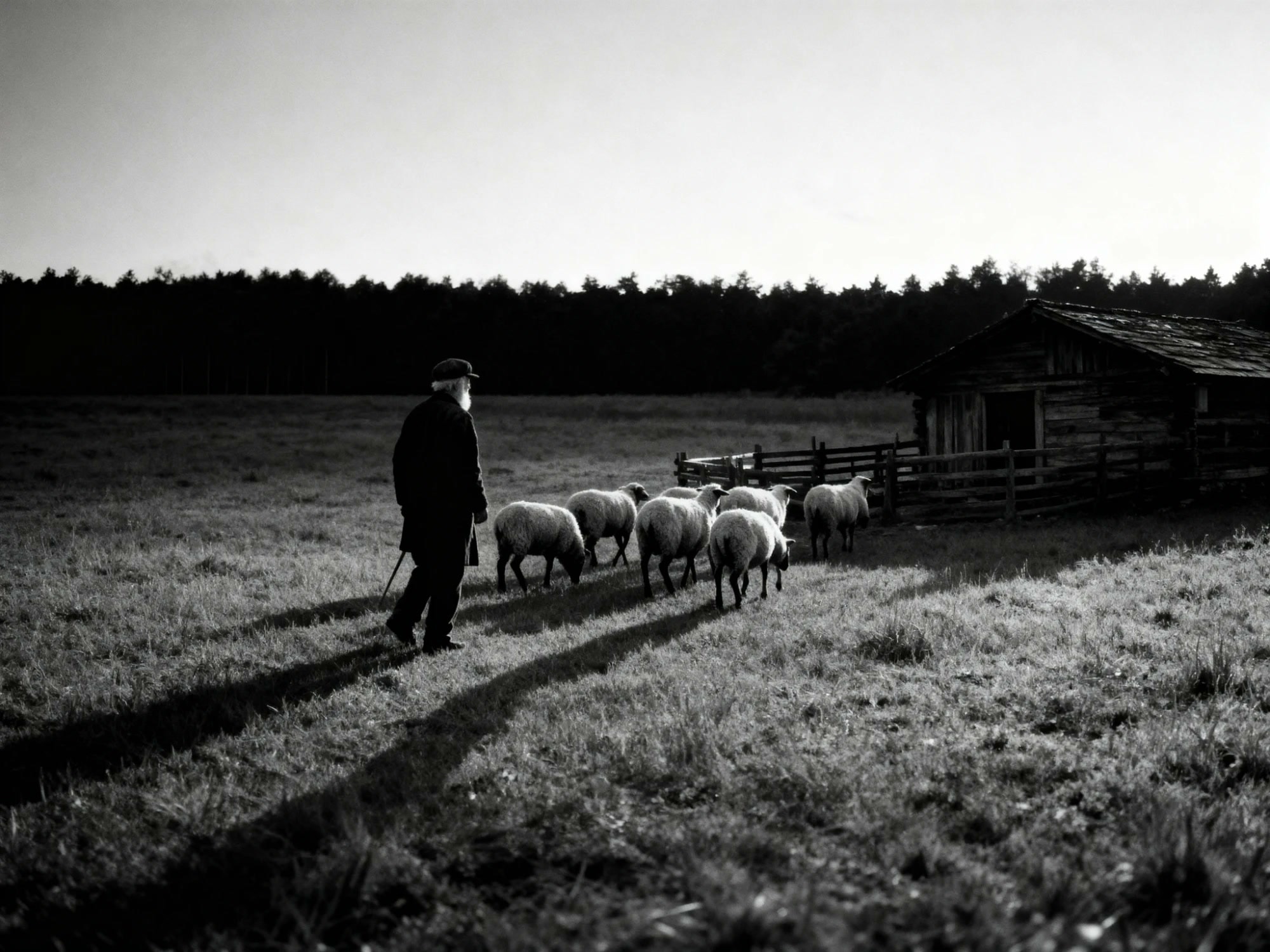 An old shepherd walking his flock towards a wooden pen at the edge of a forest