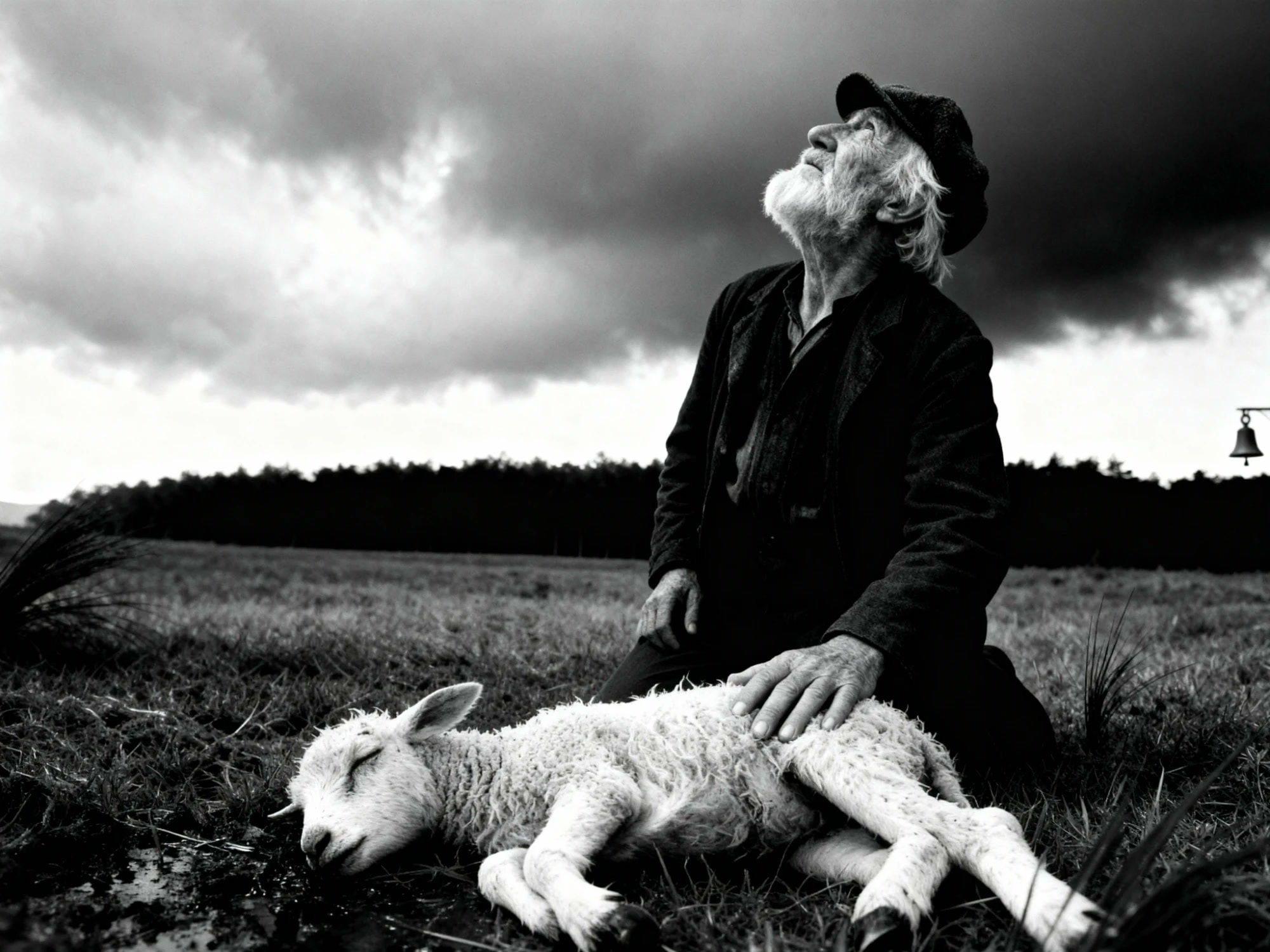 An old shepherd kneeling over a dead lamb, looking up at a storm