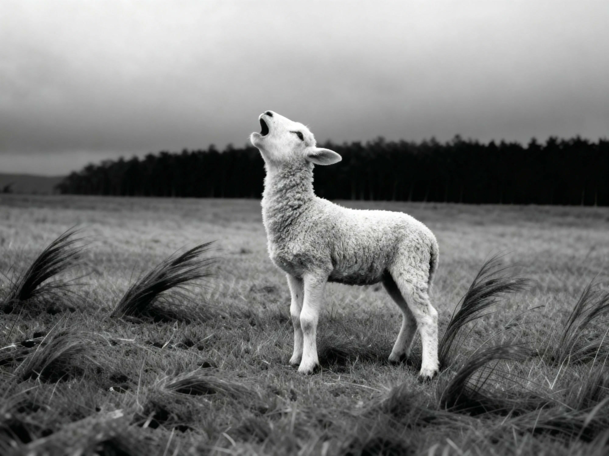 A lamb crying out alone in an open field