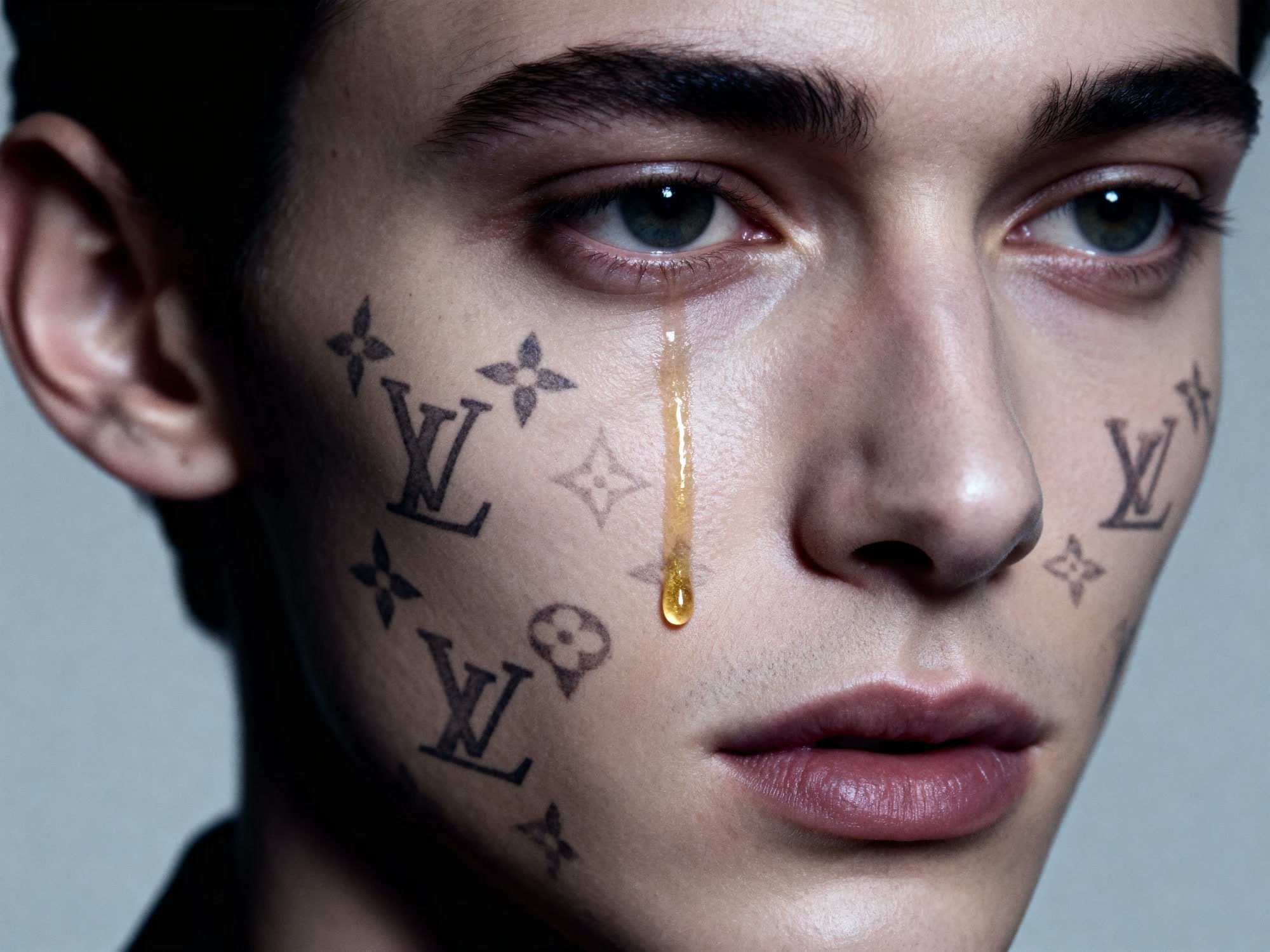 Close-up of a young man with monogram marks on his skin and a single tear of honey
