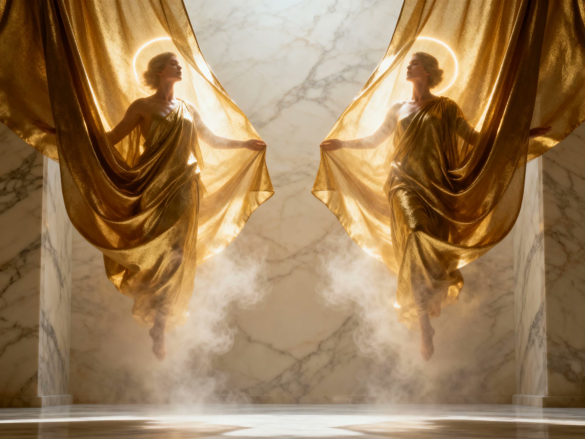 Two haloed figures in sheer gold drapery float mirrored against a marble wall