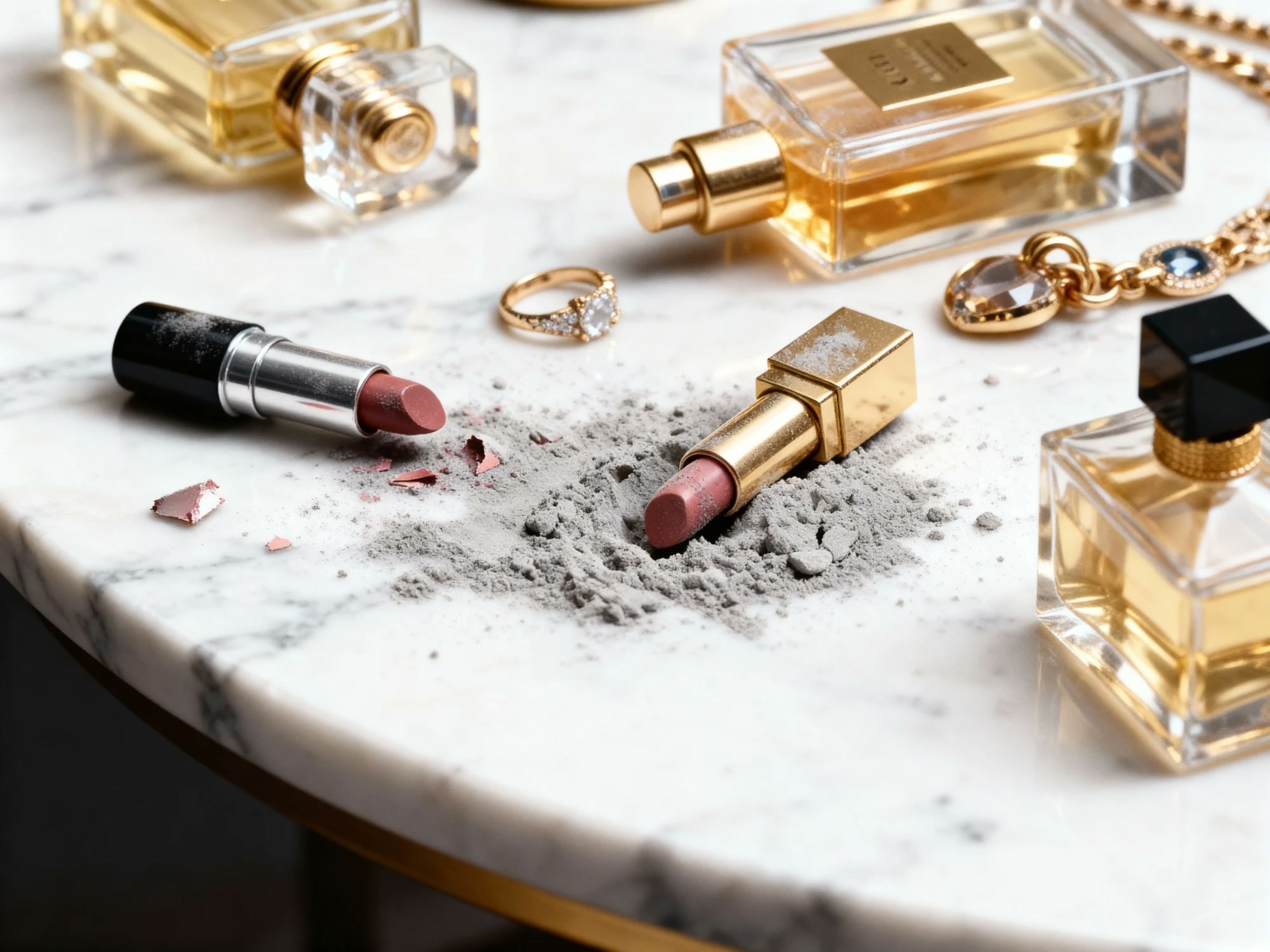 Lipsticks, perfume bottles and jewellery on marble, half buried in grey ash