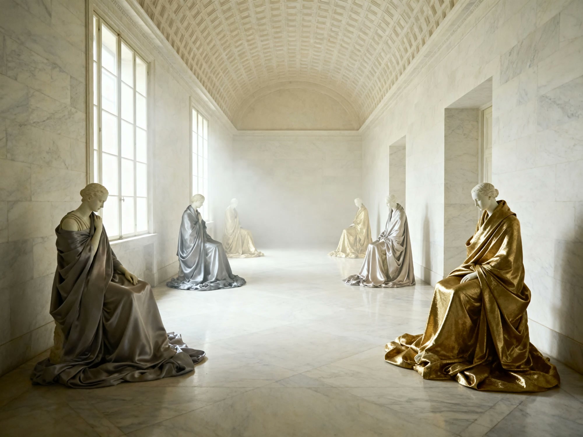 Seated statues draped in silver and gold silk along a vaulted marble gallery