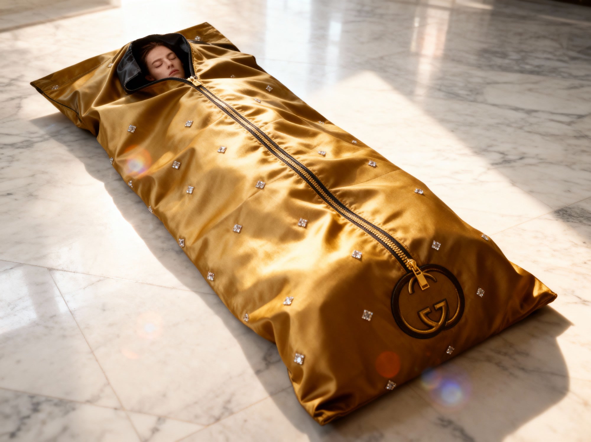 A figure sealed in a jewelled gold satin bag with a monogram zipper, lying on marble